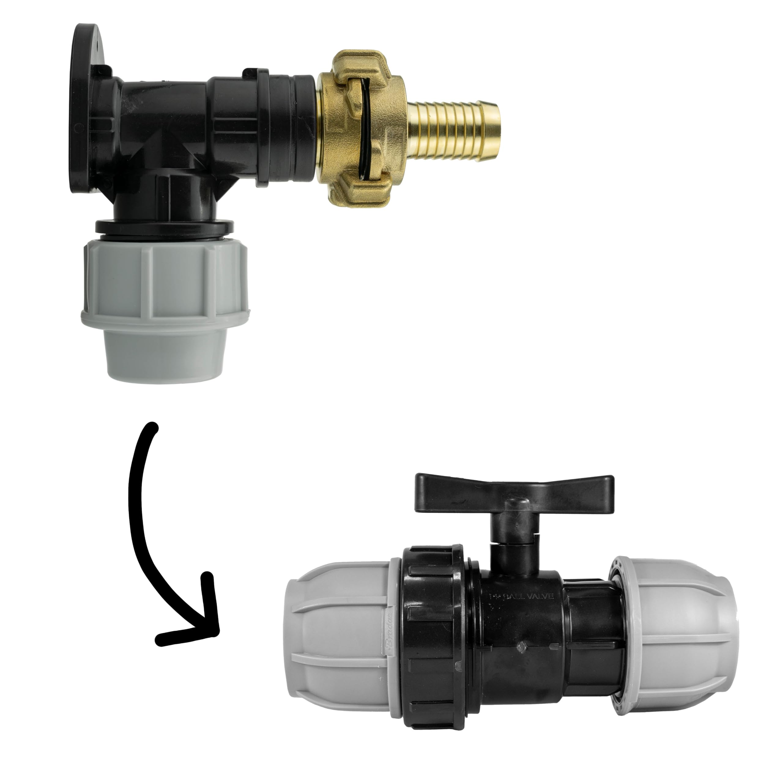 Clothing Estates Black / Grey / Brass 25Mm Mdpe Wall Flange Kit With 25Mm Valve And Geka 3/4" Bsp And 19Mm Barb Connectors