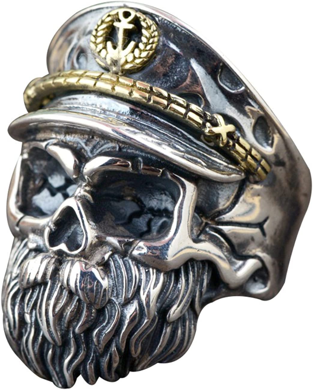Anello con teschio barbuto in argento sterling 925 bicolore con cappello per uomo, ragazzo, aperto e regolabile