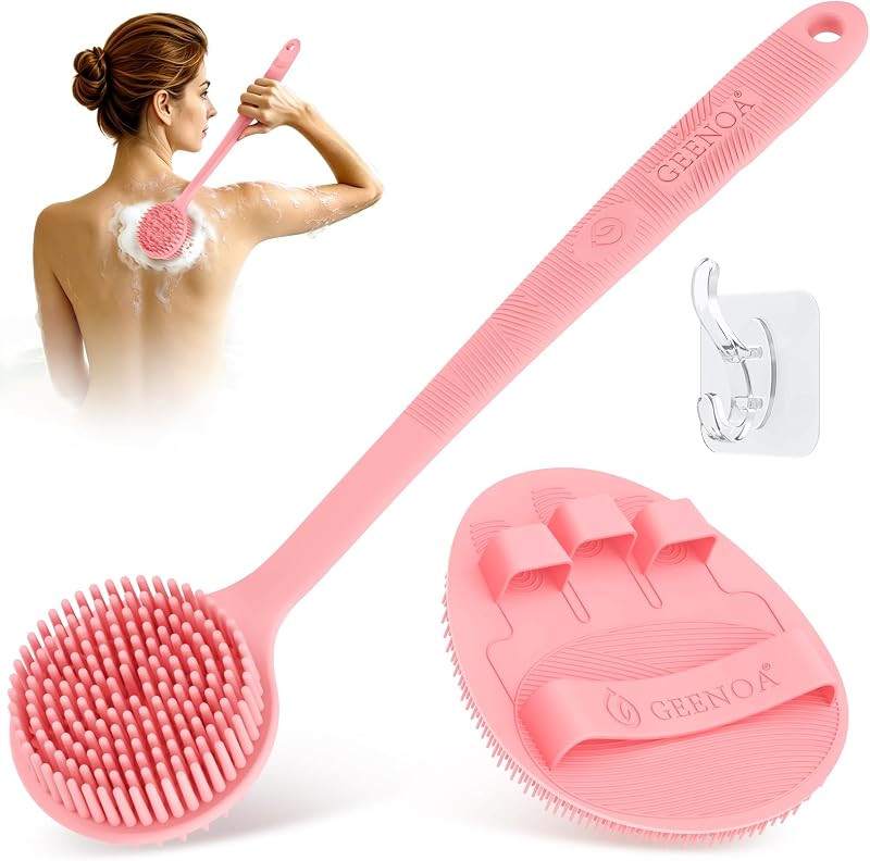 Conjunto GEENOA com escova de silicone para costas e luva de banho, rosa, cerdas espessas, 2 peças