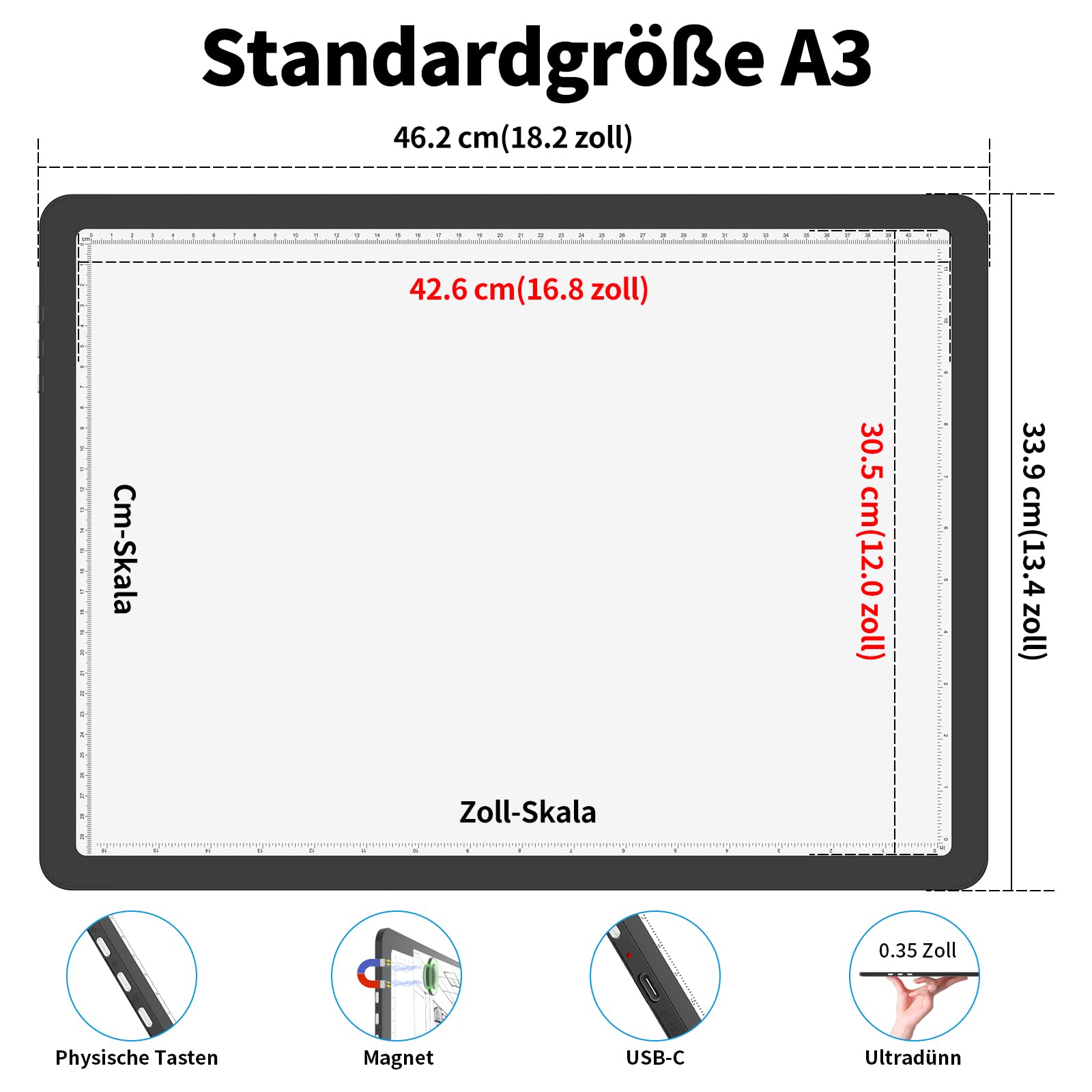 Phylosal Wiederaufladbares A3 LED-Lichtpad für Diamantmalerei, Ultradünnes Magnetisches Spurlicht für Zeichnen, Diamant-Kunst-Lichttafel mit Seitenknopf, Superhelles Lichttisch für Skizzieren (Schwarz