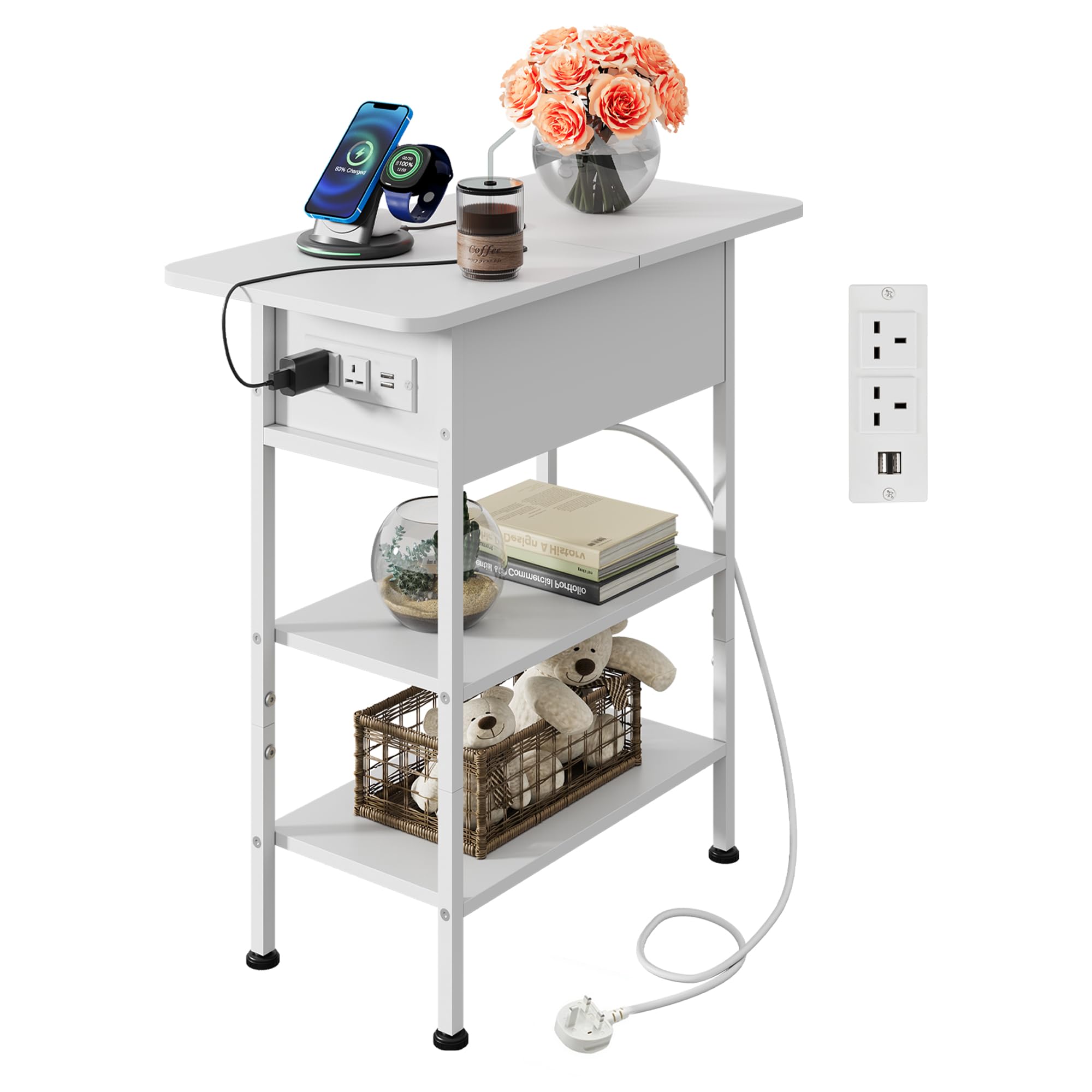WLIVE Side Table with Charging Station, 3-Tier End Table with Drawer, Slim Bed Side Table with Flip Top, USB Ports and Outlets for Living Room, Bedroom, 30x60x62cm, White