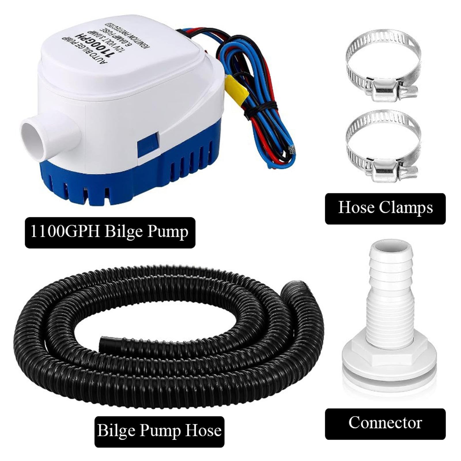 Kit de pompe de cale automatique de 1-1/8 pouces, 12 V, 100 GPH, pompe de cale avec tuyau et colliers de tuyau, ajustement universel pour piscines et bateaux