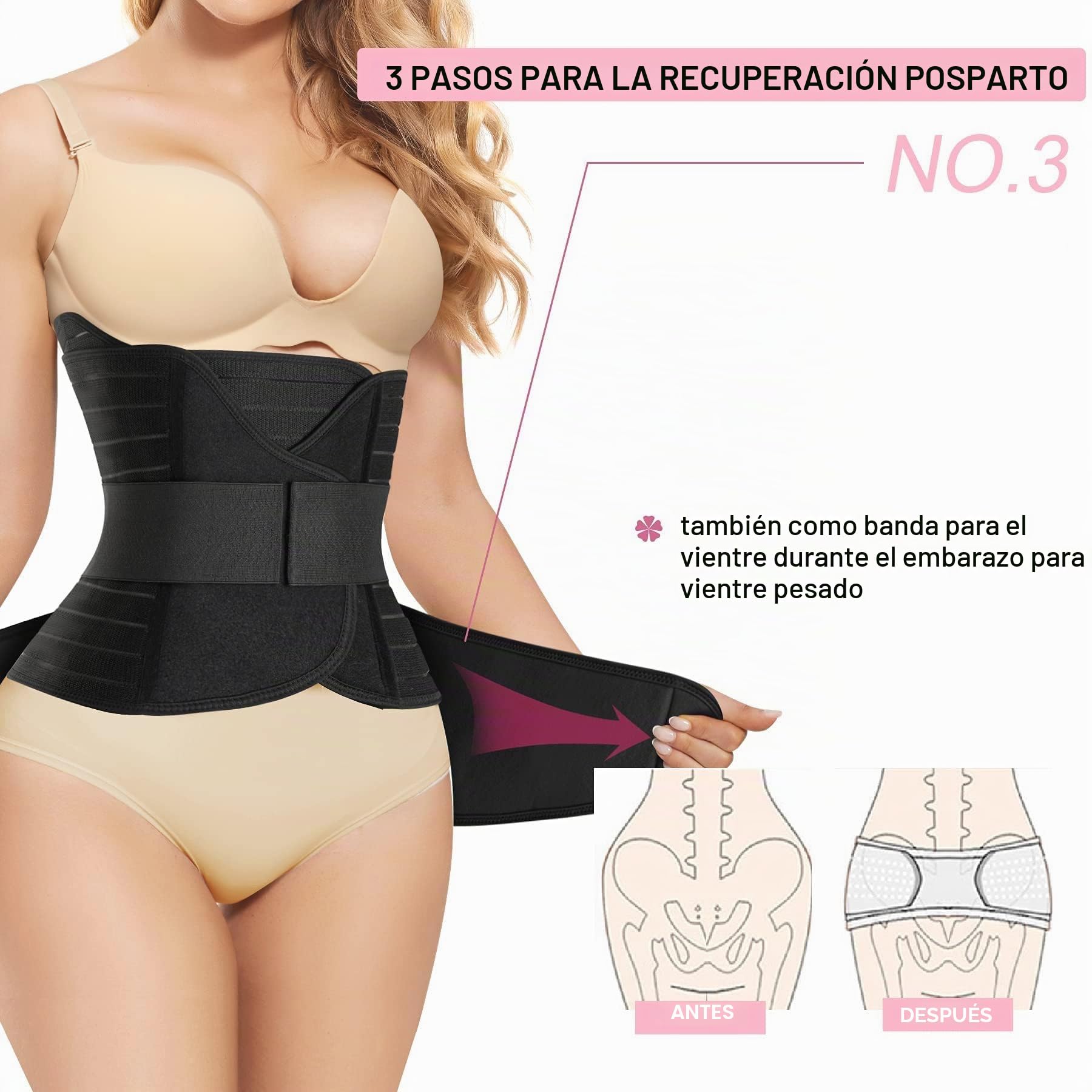 Gotoly Cinturón de recuperación posparto 3 en 1, faja de recuperación de cintura y pelvis, faja de apoyo para después del embarazo, control de abdomen, faja moldeadora de cuerpo, Negro, M