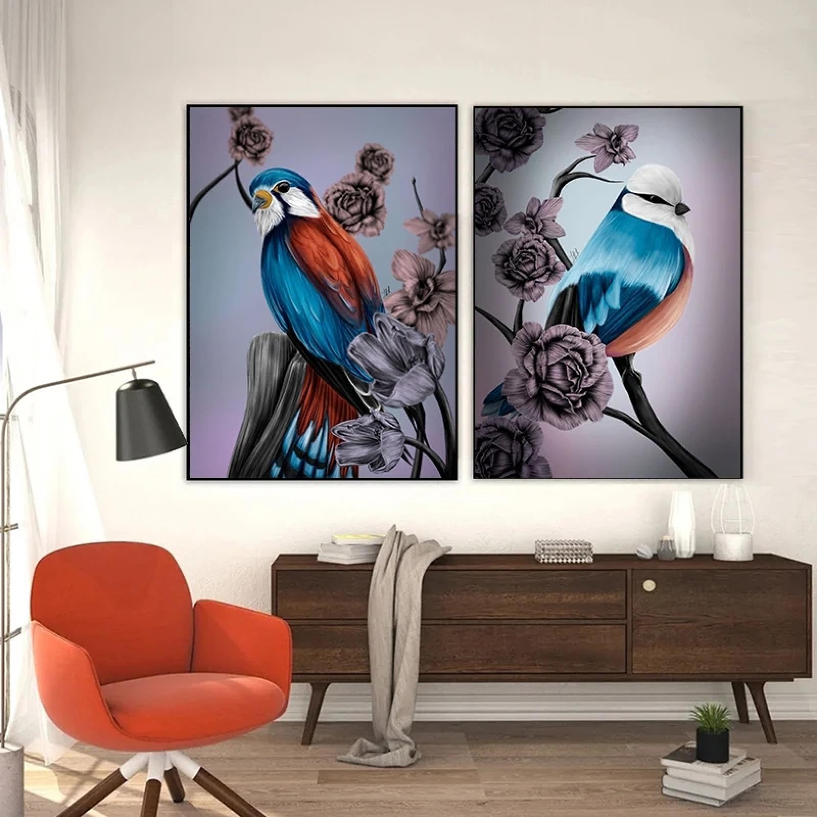 Affiche oiseaux bleus vintage fleurs roses grand format 50x70cm x2