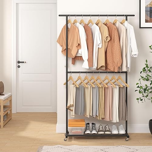 Miniatura 6 de Sywhitta Perchero de ropa de doble barra, perchero con malla inferior, perchero para colgar ropa, abrigos, faldas, suéteres, negro