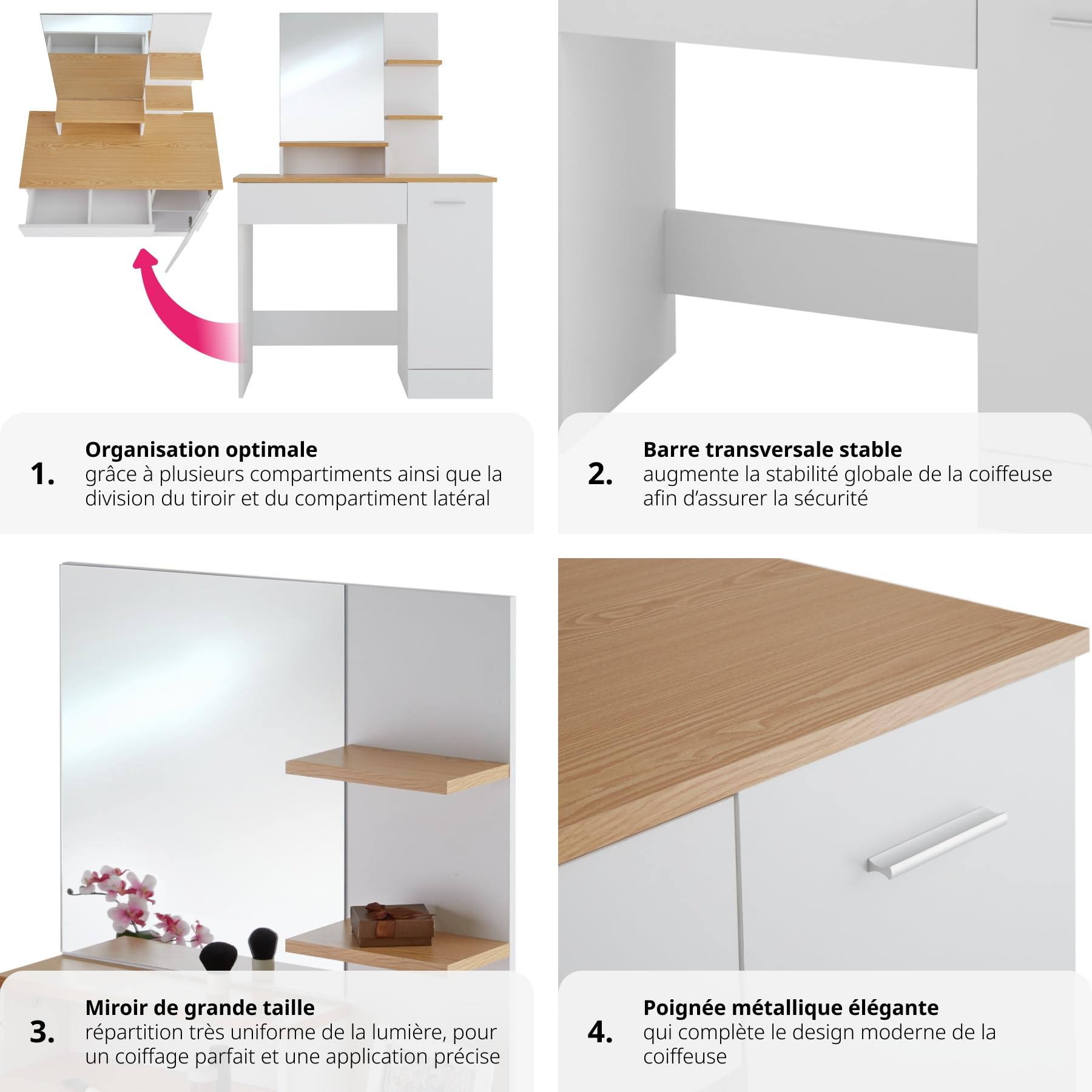 tectake® Coiffeuse avec Miroir Table de Maquillage Vanity Desk Moderne avec 3 étagères 1 tiroir, 1 Compartiment à Porte Rangement Maquillage Meuble Coiffeuse Adulte Femme Blanc/Hêtre