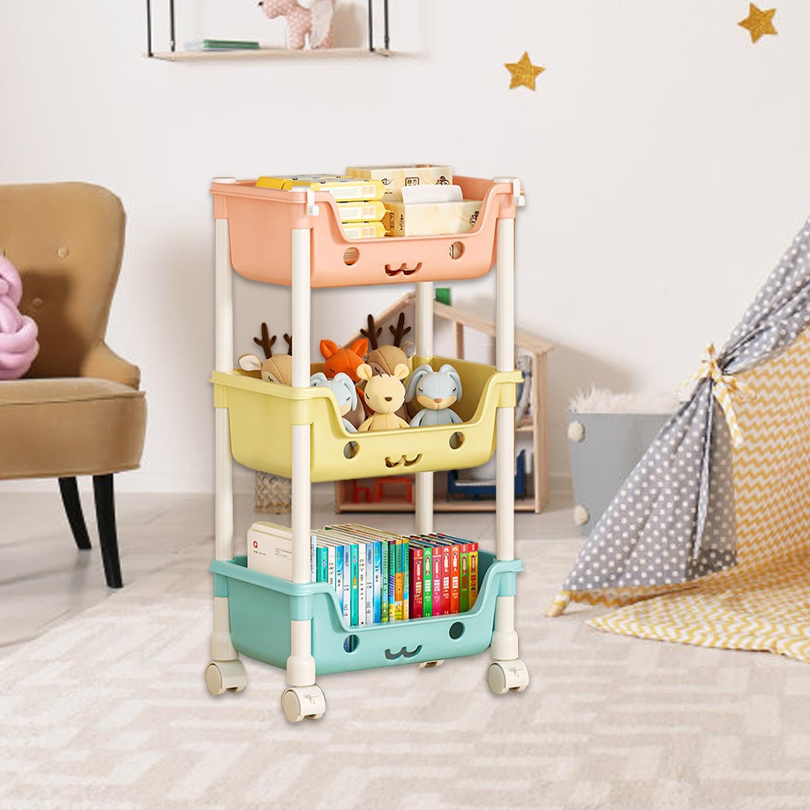Estantería para juguetes para niños, organización y almacenamiento en la sala de juegos, estantería infantil de varios niveles con ruedas, organizador para niños, contenedor de almacenamiento