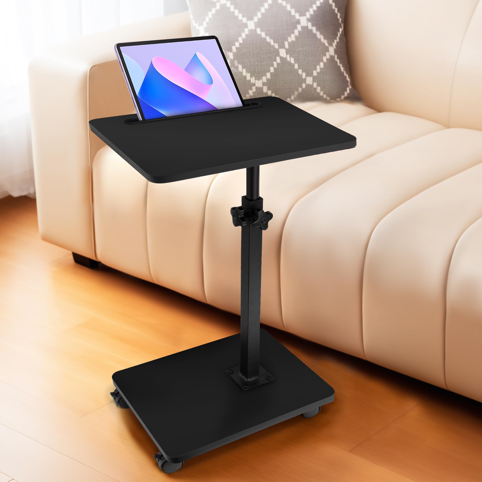 Mesa auxiliar en forma de C con ruedas, mesa auxiliar giratoria de 360° de altura ajustable, bandeja de TV, mesa de sala de estar, dormitorio, bandeja de brazo para cama, silla con ranura