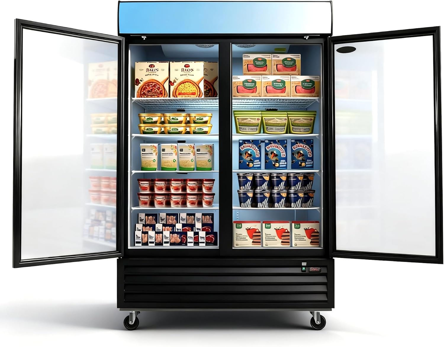 54" Commercial Upright Freezer with 2 Glass Door, 45 Cu.Ft Display Freezer Upright, -8~-1℉, Reach-in Fan Cooling Freezer with 8 Shelves & LED Top Panel for Restaurant Diner Bar, ETL Approved