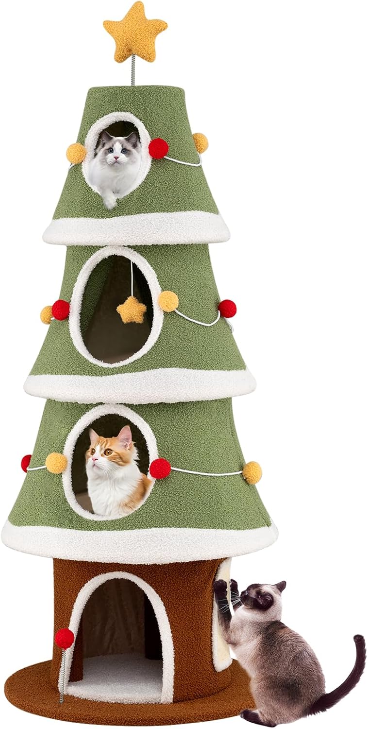 PETSITE 61 Inches Cat Christmas Tree, Cute Christmas Cat Tower with 4 Condos, Colorful Ornaments, Sisal Board, Dangling Ball, Spring Toy, and Star-Shaped Spring-Type Top, Ideal for Indoor Cats
