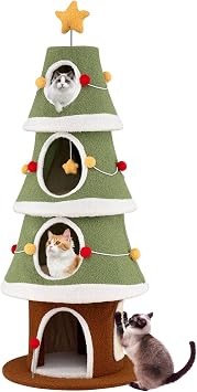 61 Inches Cat Christmas Tree, Cute Christmas Cat Tower with 4 Condos, Colorful Ornaments, Sisal Board, Dangling Ball, Spring Toy, and Star-Shaped Spring-Type Top, Ideal for Indoor Cats