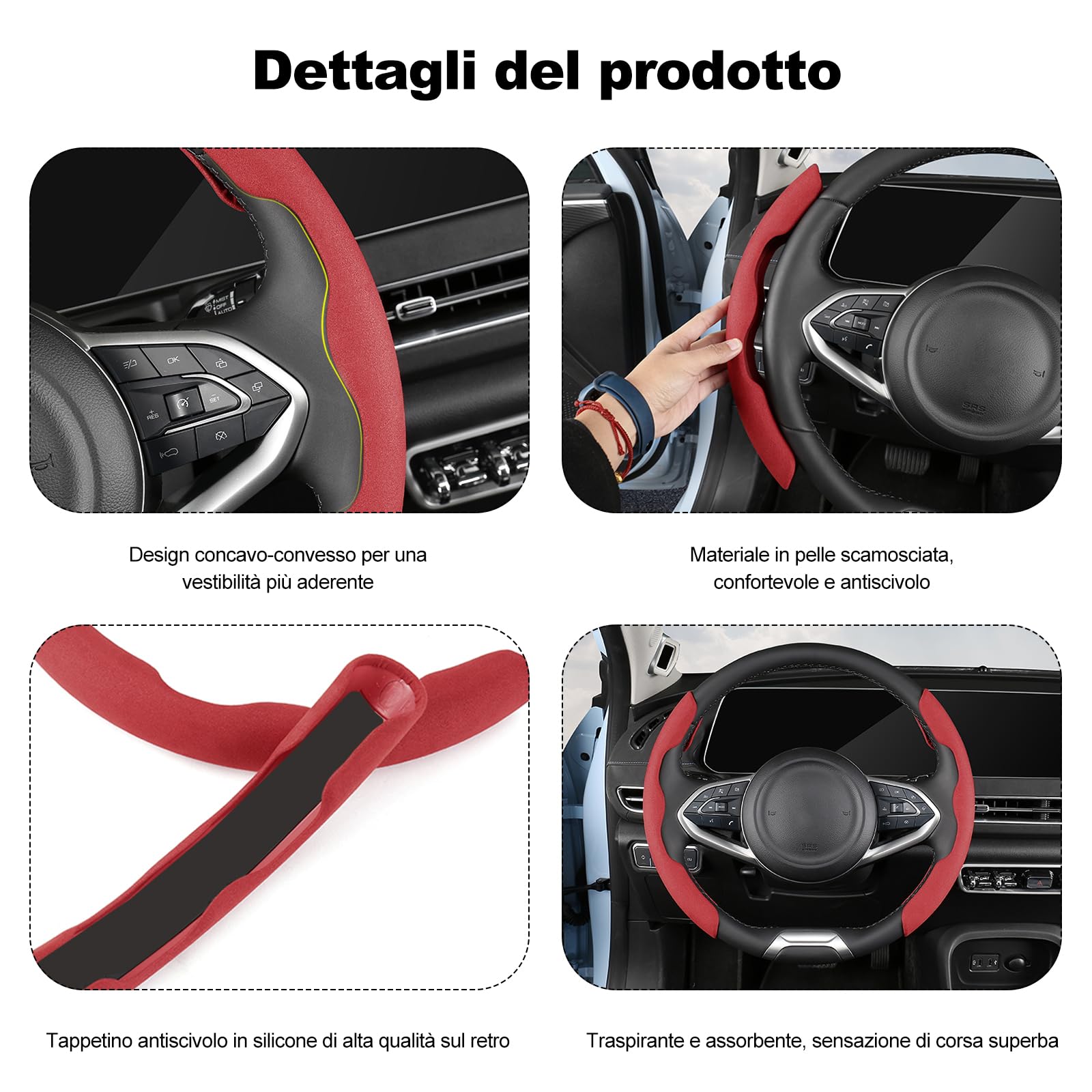 Ergocar Sport Camoscio Coprivolante Forma D & Rotonda Universale Moda Confortevole Coprivolante Segmentati per Auto Durevole Antiscivolo Traspirante 38 cm(15"), Nero