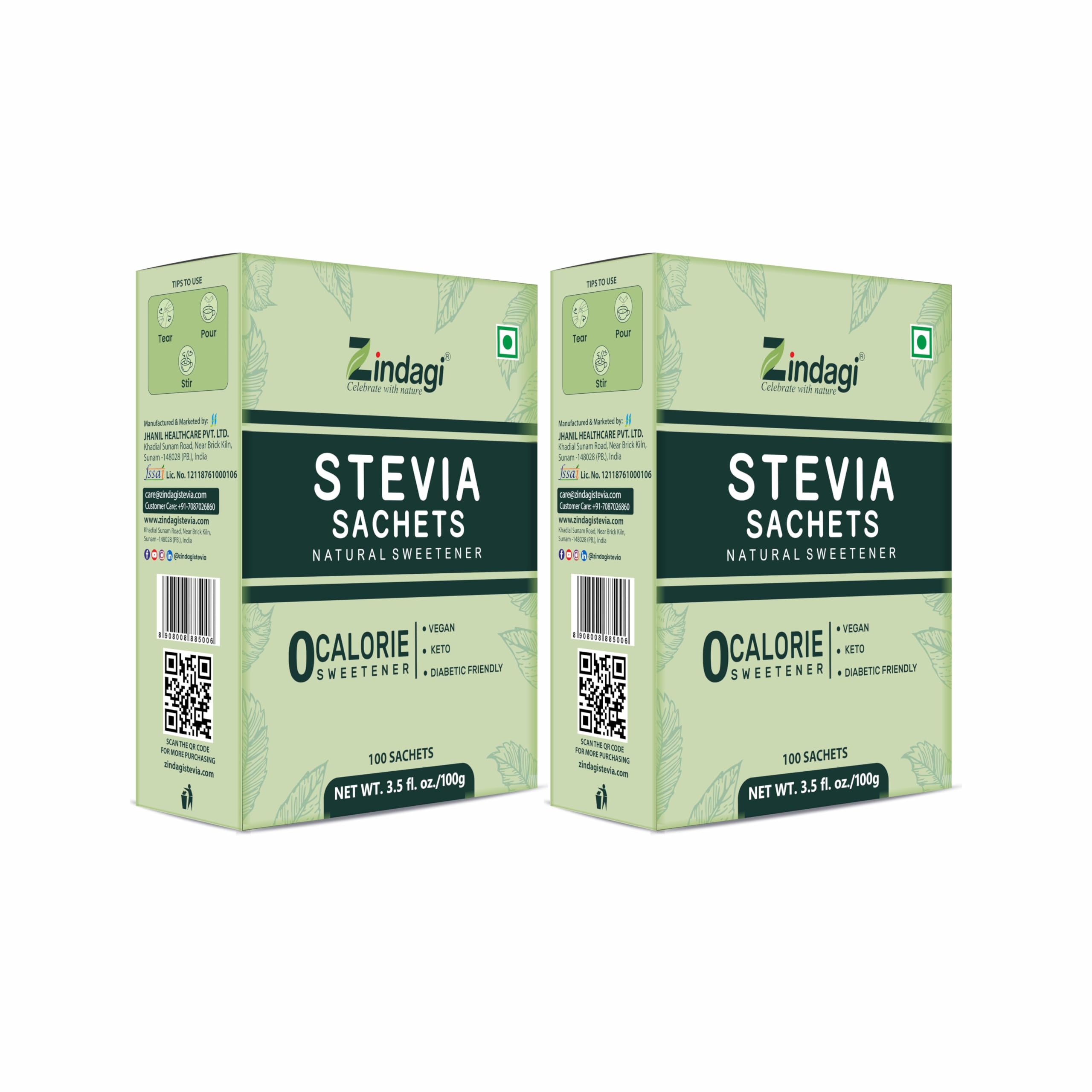 Zindagi Stevia Sugar Sachets | Stevia Plant Based Natural Sweetener | Diabetic Friendly Sweetener | 200 Sachets