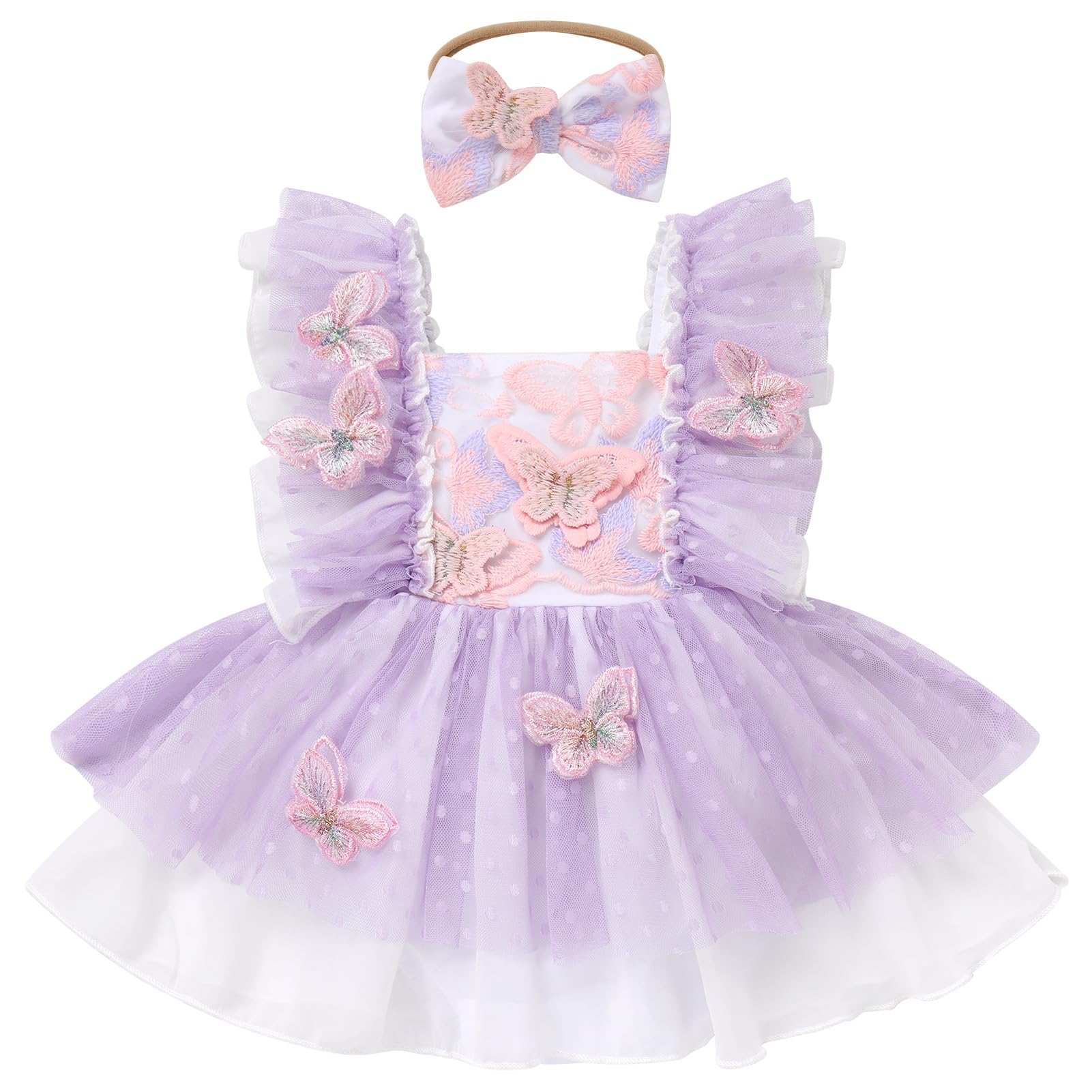 Baby Girls First Birthday Outfits 3D Floral Butterfly Print Ruffle Tulle Romper Dress for Toddler Flutter Sleeve Birthday Party Dresses and Headband 1st Cake Smash Clothes Lilac Butterfly 3-6 Months