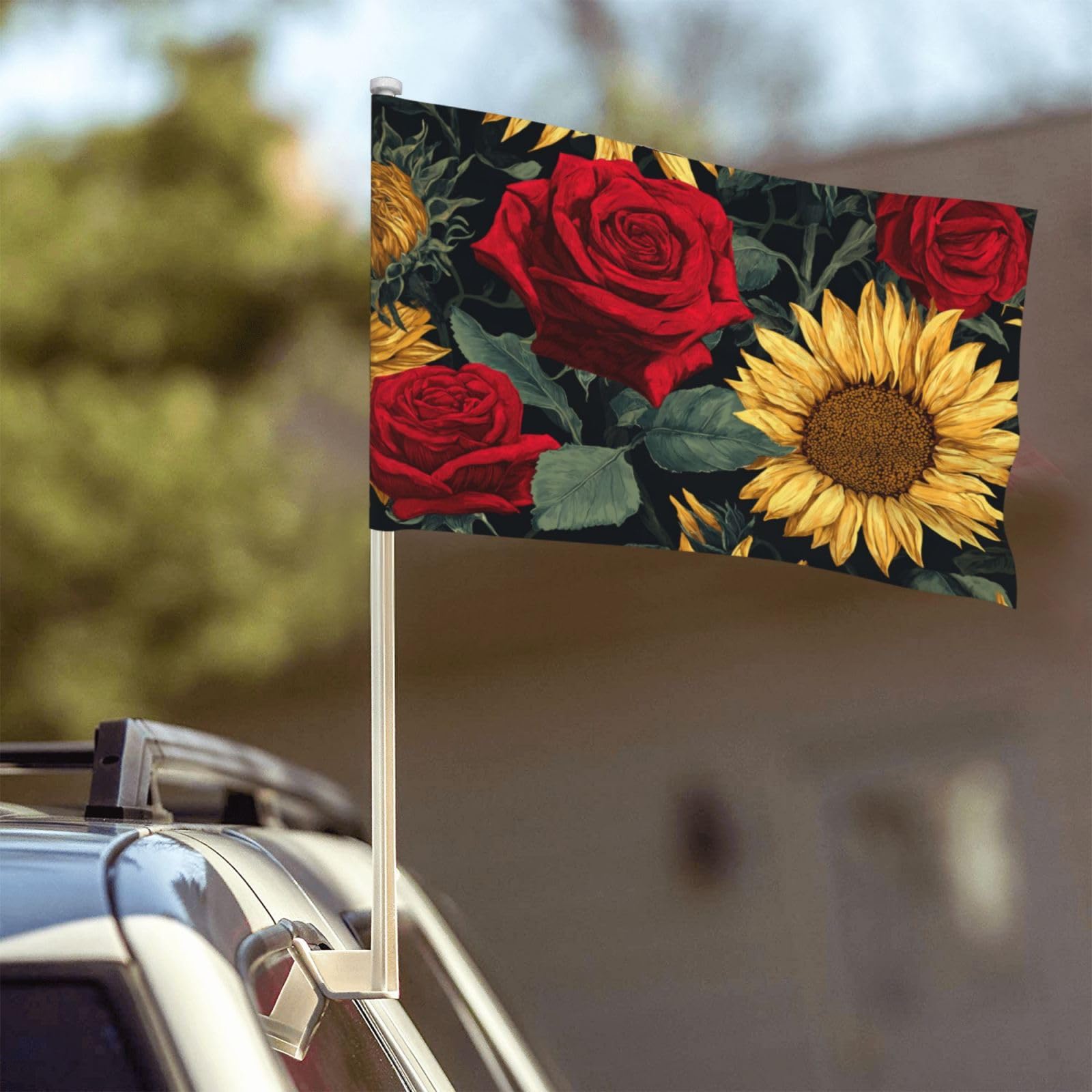 Red Rose Flower And Sunflower Car Flag Outdoor Window Clip 12 X 18 Inch Double Side Car Decoration
