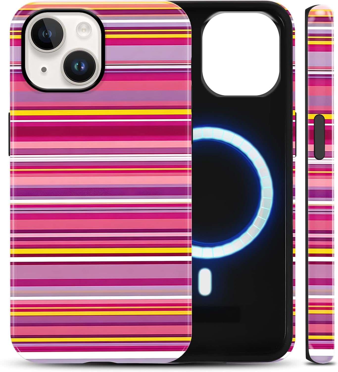 Colorful Striped Phone Case Compatible with MagSafe for iPhone 14/iPhone 13 6.1" Multicolor Stripes Pattern Magnetic Cover Glossy Hybrid 2-Layer Funda for Girls Boy