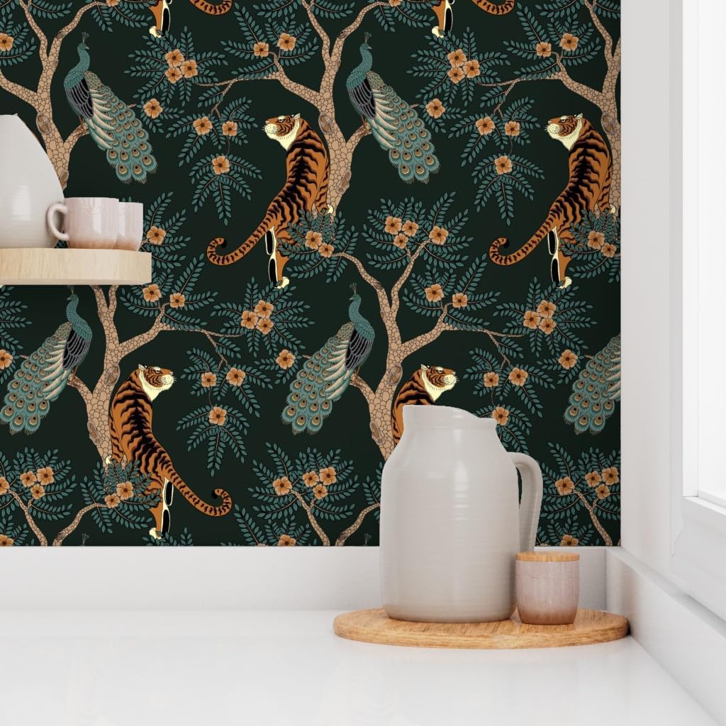 Spoonflower Peel & Stick Wallpaper 6ft x 2ft - Tiger Peacock Bird Asian Flowers Floral Chinese Tree Dark Custom Removable Wallpaper