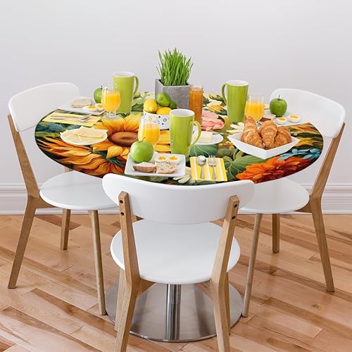 Vista 507 de Pardick Mantel redondo elástico con diseño de hojas de otoño, mantel redondo ajustable de 36 a 42 pulgadas, mantel circular impermeable, lavable
