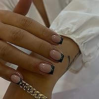 Vista 24 de Uñas postizas a presión con punta francesa negra, uñas cortas de almendra, uñas con pegamento para mujer, uñas acrílicas francesas de gel, uñas