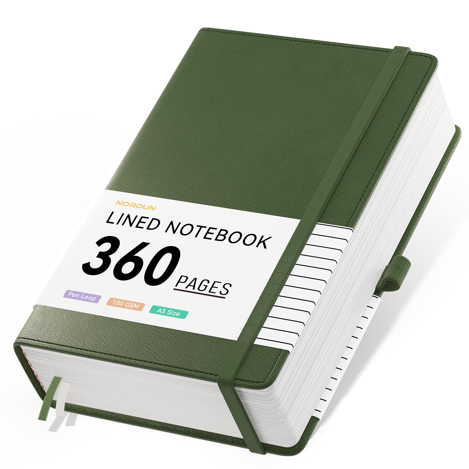 NORDUN Thick A5 Lined Notebook,360 Pages Leather Hardcover Journals with Sticky Notes,100gsm Paper Thick Journals for Men Women Writing,Notebook Hardback for School Office Home,14.5 x 21cm -Dark Green