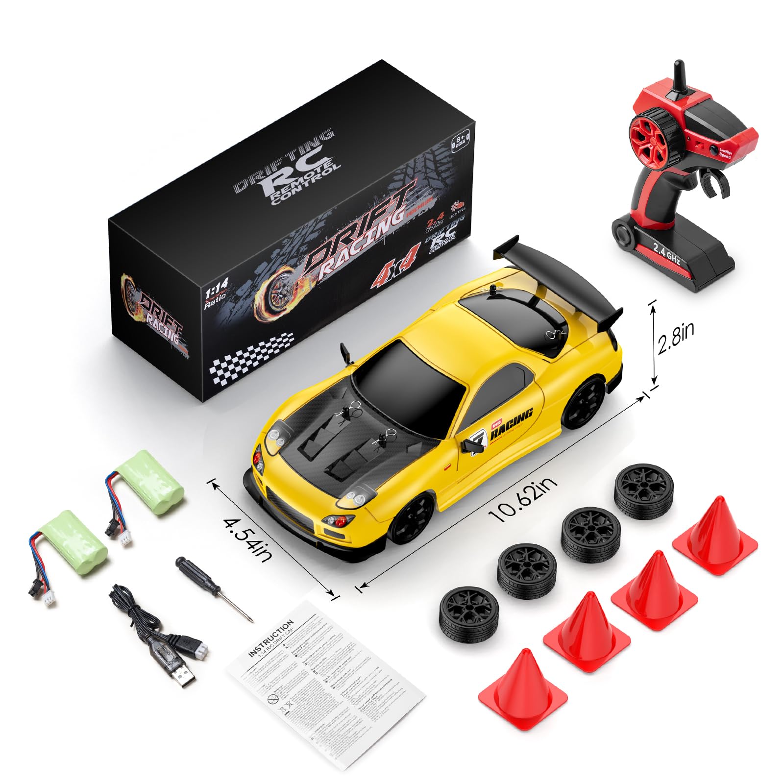 Coche teledirigido 1:14 RC Drift Car,2.4GHz 28km/H Coche de Deriva RC, 4WD Drift RC con Luces LED Regalo para Niños (Yellow)