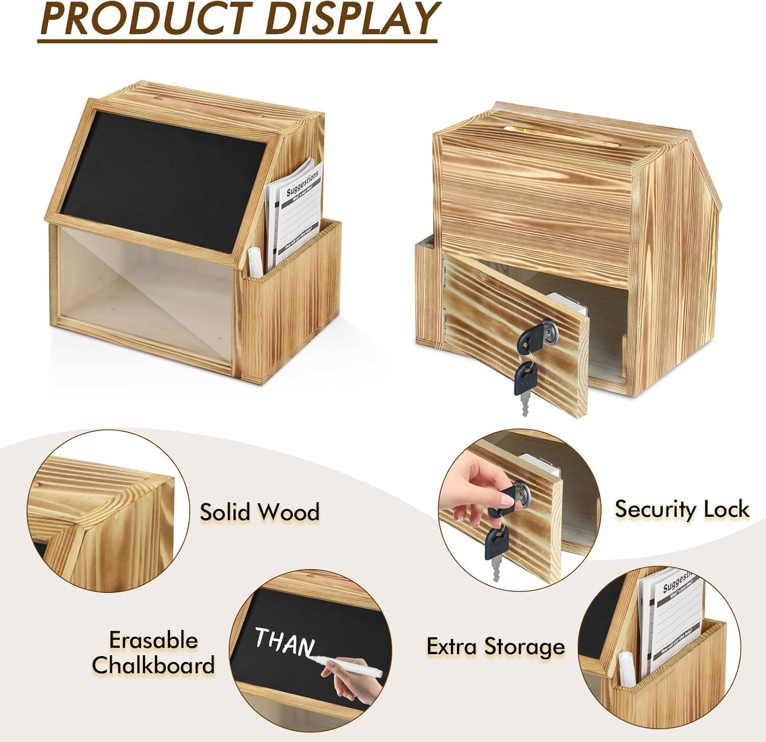 Holz-Vorschlagsbox mit Schloss,Spendenbox/Wahlurne mit Schlitzschloss und Kreidetafel, Geldbox für Trinkgelder, Vorschläge, Stimmzettel und Kommentare, inklusive Schlüsseln,Vorschlagskarten,Stift