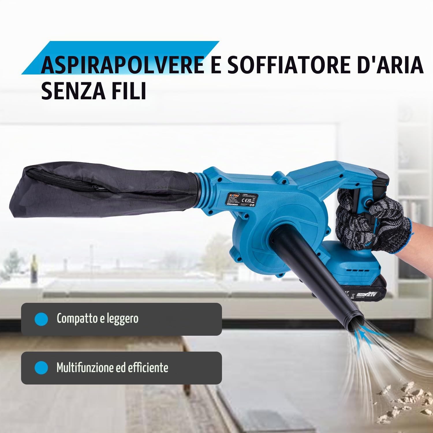 KATSU FIT-BAT 21V Soffiatore a Batteria Brushless con 1.5 Ah Batteria e Caricabatterie, Portatile per Foglie di Polvere d'Aria per la Cura del Prato del Giardino