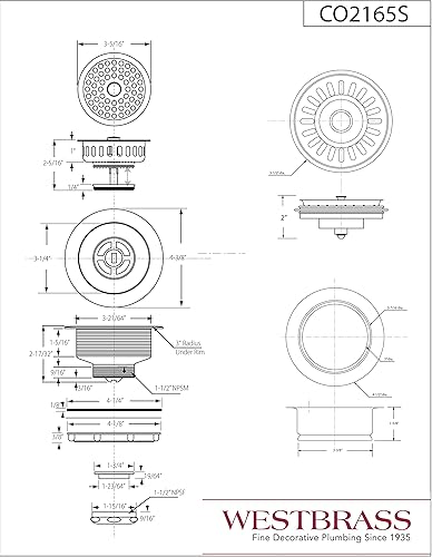Miniatura 2 de Westbrass CO2165S-12 Paquete combinado de 3-12 pulgadas, estilo poste, brida de drenaje grande para fregadero de cocina con colador de cesta, 1