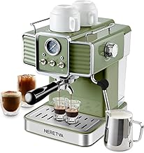 Neretva Espresso Coffee Machine 15 Bar Espresso Maker with Milk Frother Steam Wand Cappuccino, Latte for Home Barista, 1.6L Removable Water Tank, Coffee Spoon, Milk Frothing Pitcher, Vintage Green
