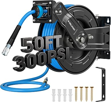 Relhost Retractable Air Hose Reel, 50 ft x 3/8 in Hybrid Air Hose Max 300PSI, Heavy Duty Air Compressor Hose Reel with Dual Arms, Auto Rewind, 180 Swivel Ceiling/Wall Mount for Garages, Workshops