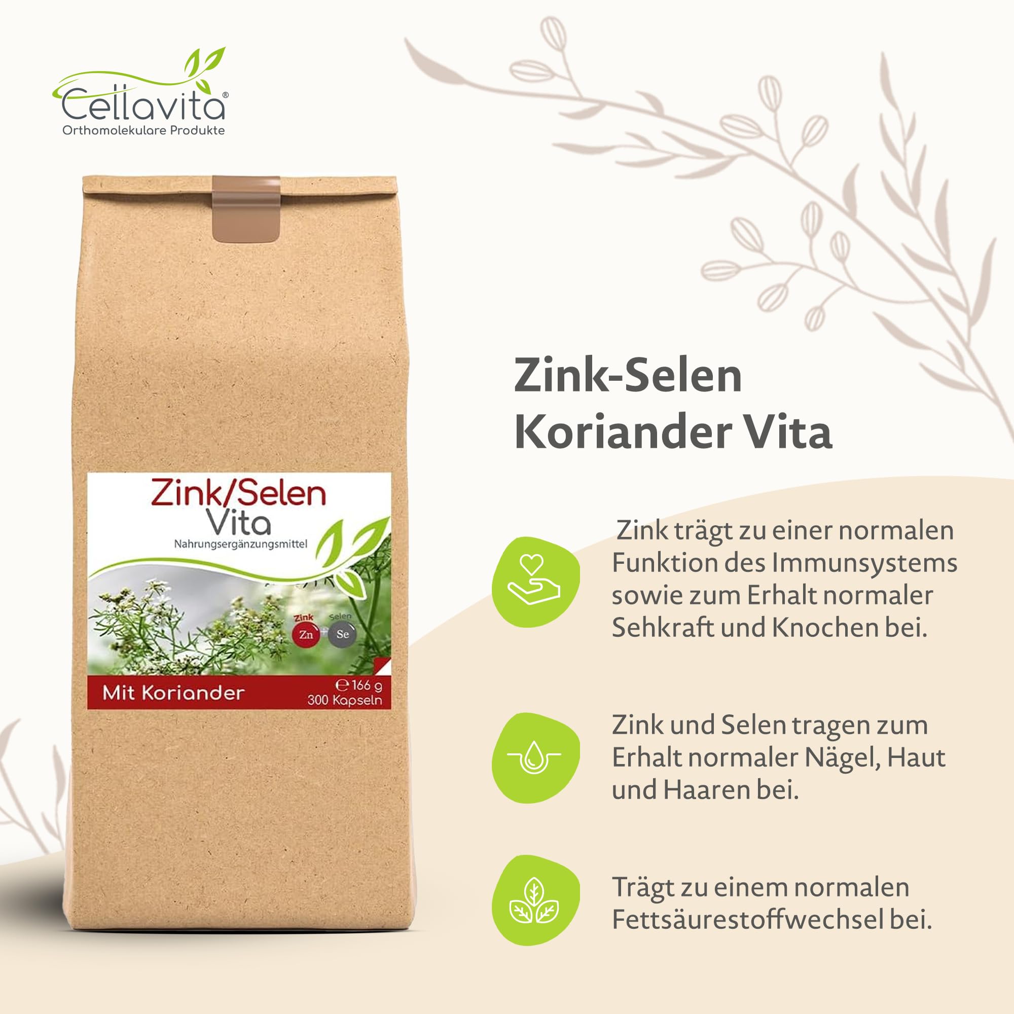 Cellavita - Zink-Selen & Koriander Vita 300 vegane Kapseln im Vorratsbeutel – Zinkcitrat & Natriumselenit zur Unterstützung des Immunsystems & Zellschutzes – Zusatzstofffreies Nahrungsergänzungsmittel