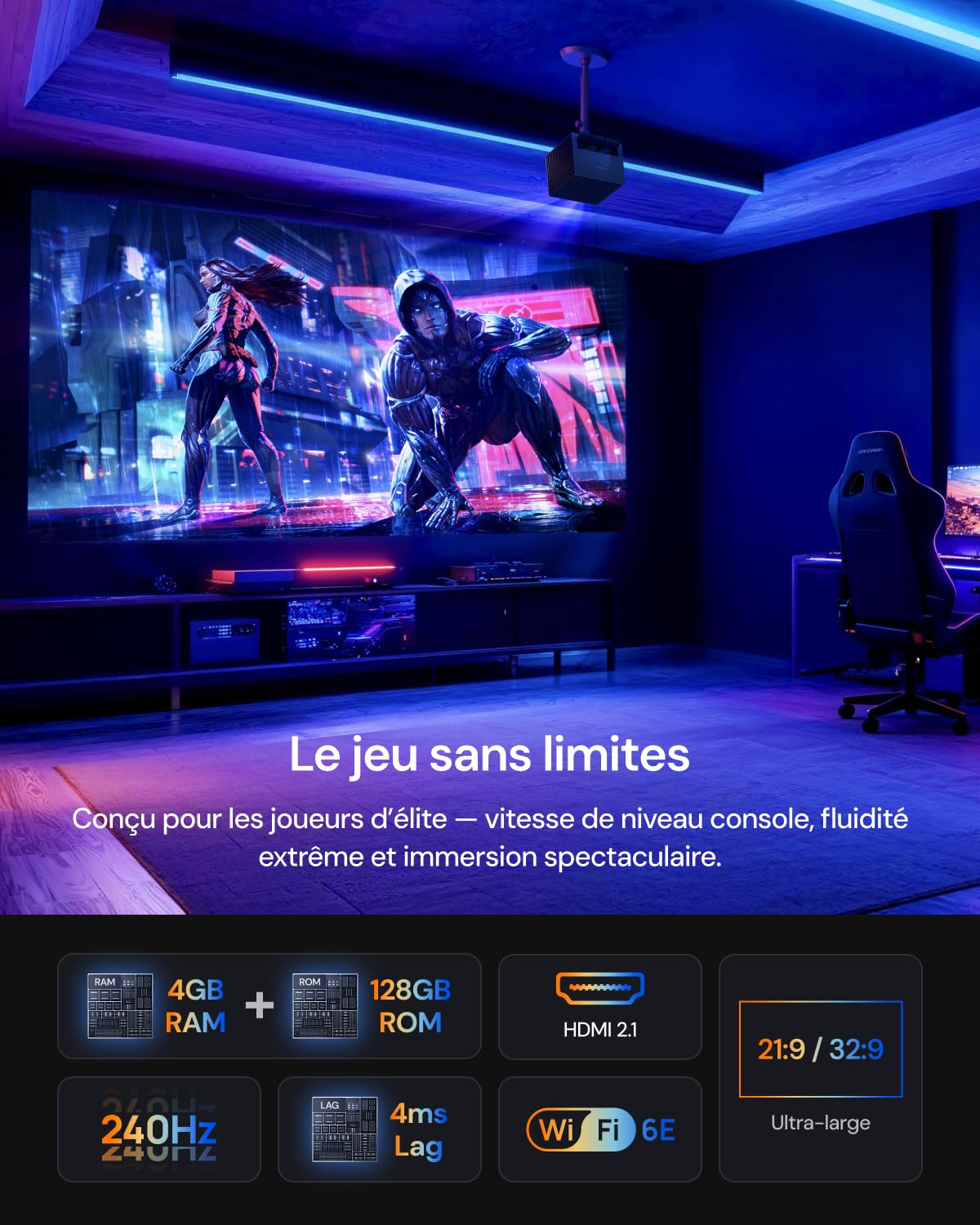 Vidéo projecteur 4K Valerion VisionMaster Pro2, 3000 ISO Lumens, Contraste 15000:1, Zoom Optique 0,9-1,5X, Ultra Faible Latence 4ms, IMAX, Compatible Google Home & HomeKit, Gaming, Home Cinéma
