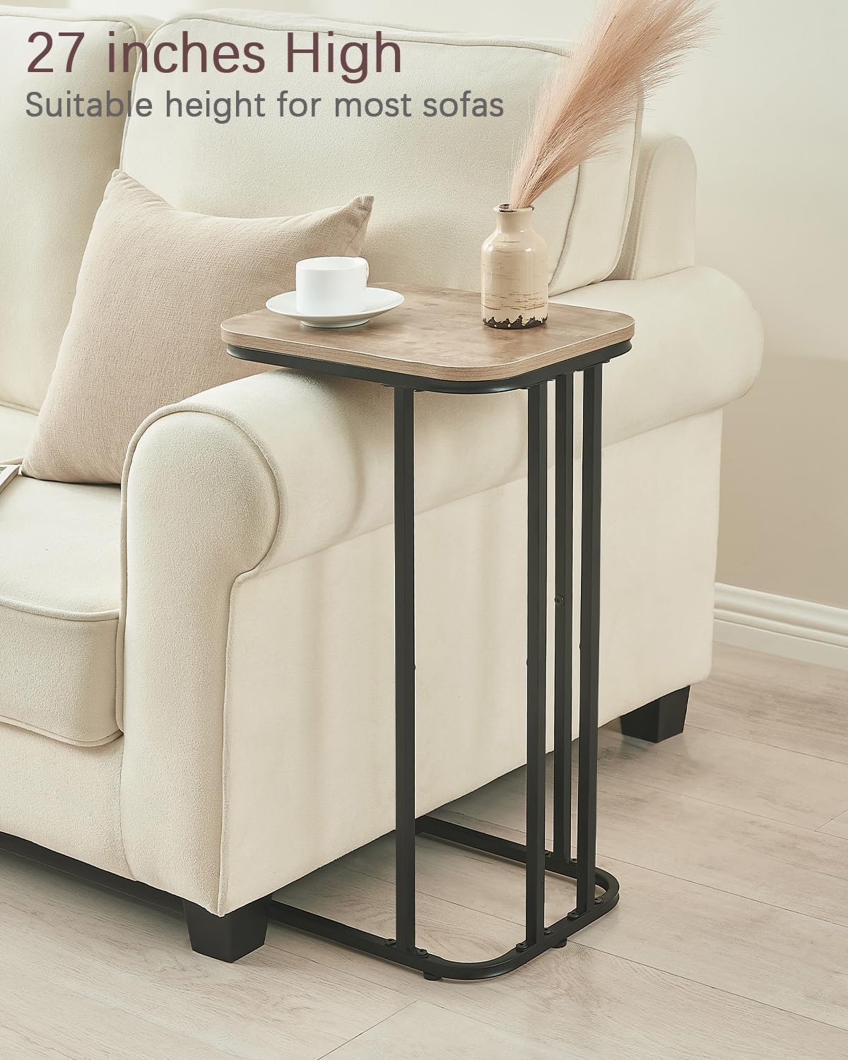 KJGKK C Shaped End Table, 27 Inches High Small Side Table for Sofa and Bed, Couch Table That Slides Under, Tall Tv Tray Table for Living Room, Bedroom, Metal Frame, Greige & Black