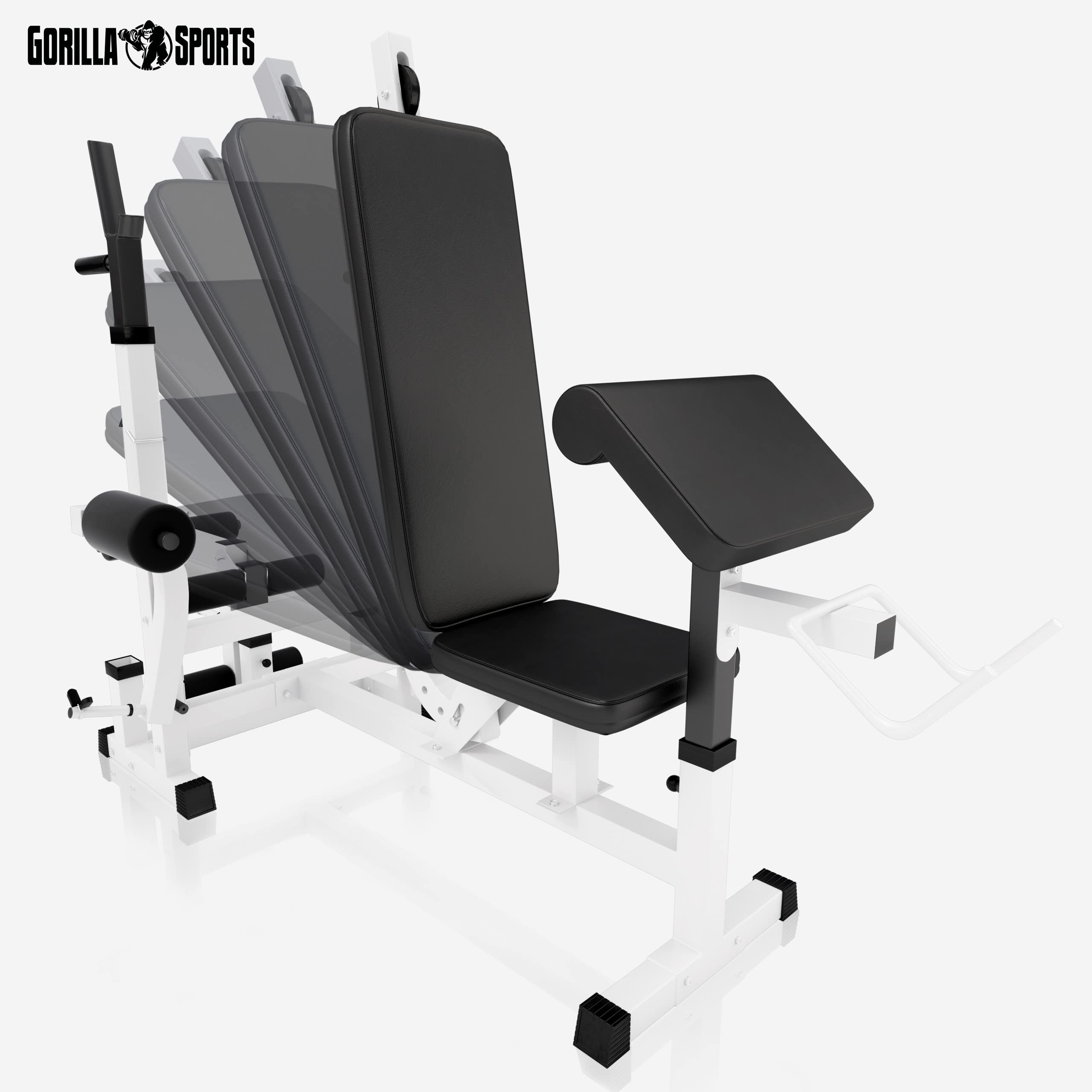 GORILLA SPORTS® Banco de pesas con pesas – Barra de pesas de 170 cm, juego de pesas de 40/70/100 kg, curler de piernas, mariposa, estación de inmersión, banco de entrenamiento, estación de fitness