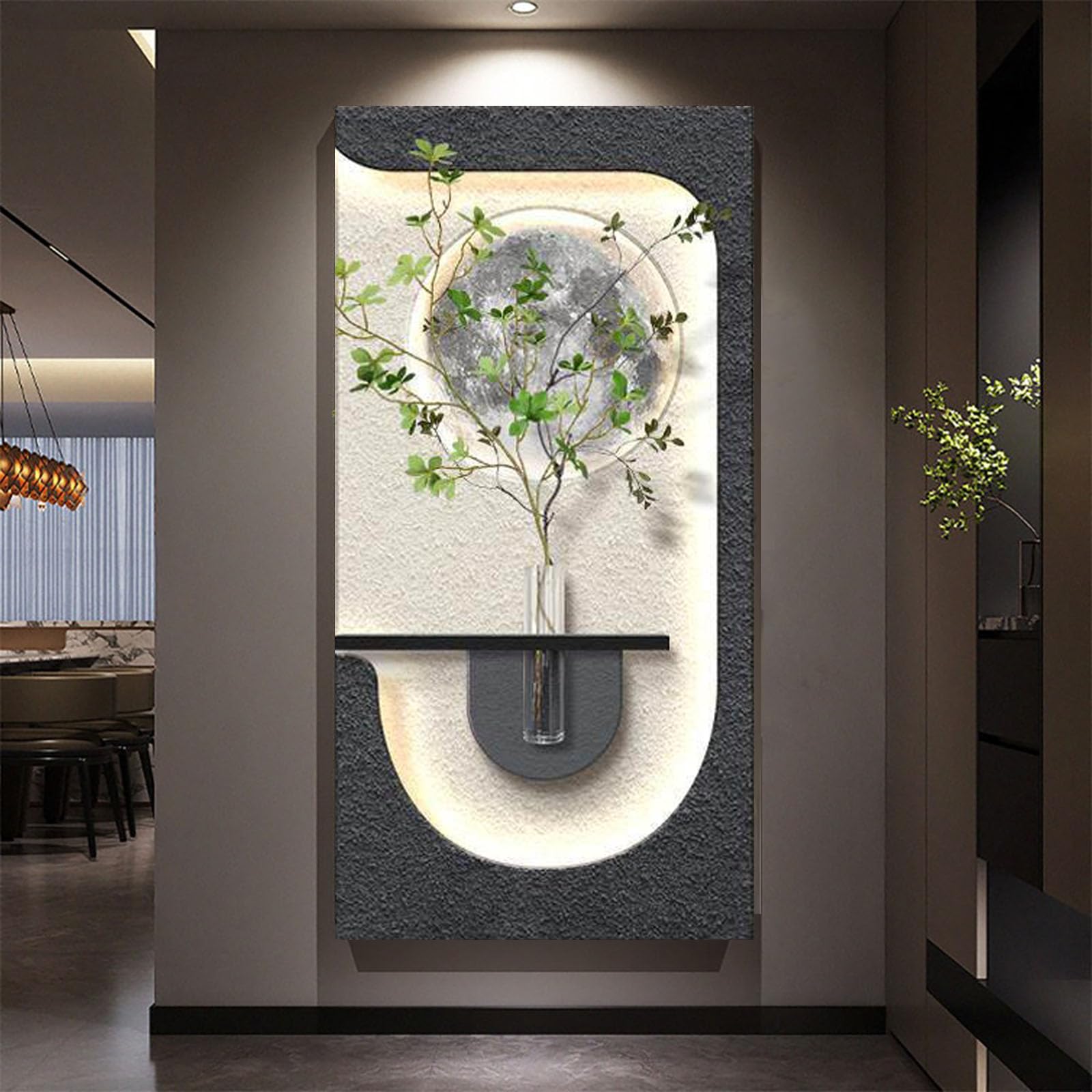Sandstone LED Wall Art Decor with Built-in Vase Shelf - Moon Wall Decor with Ambient Light, Textured Wall Hanging for Living Room Bedroom Hallway, Entryway, Home Deco Style-B 23.6×47.2 in（60×120 cm ）