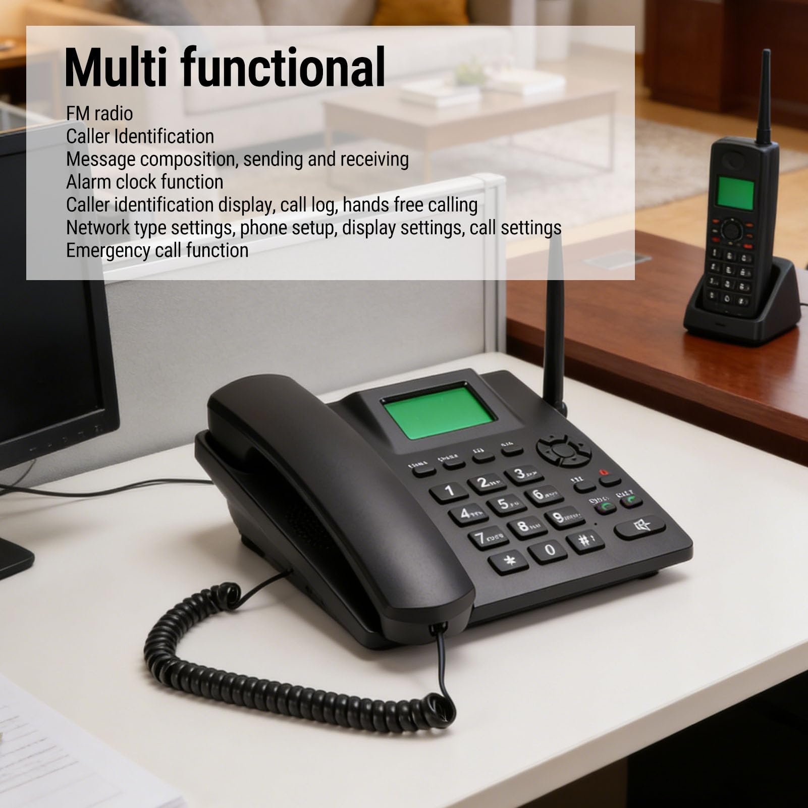 Telefono fisso cordless Dual SIM GSM 2G, nero | Telefono da scrivania con batteria integrata da 1200 mAh e funzione sveglia, rubrica da 500 contatti, ideale per la casa