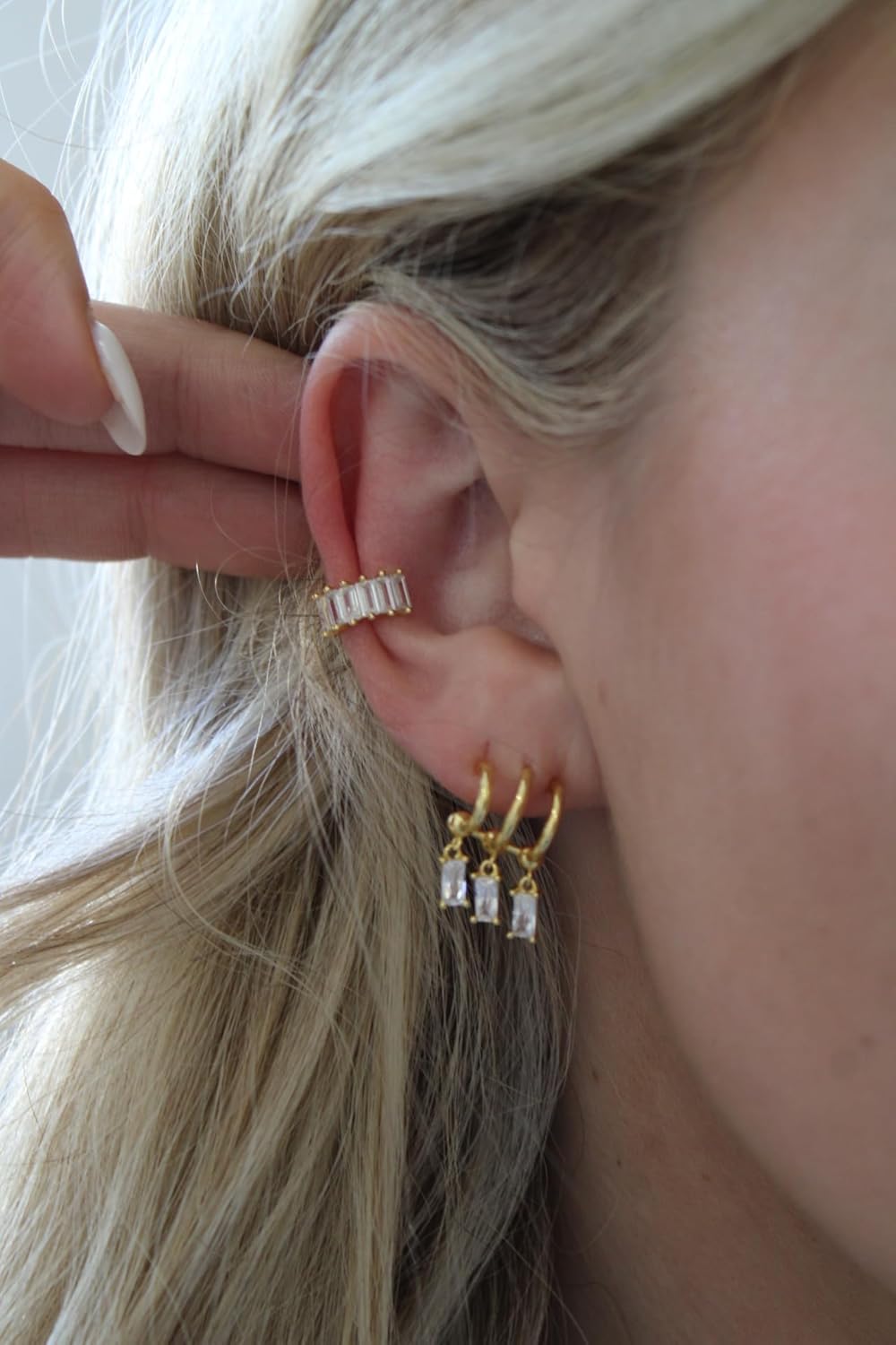 Triple Hoops Earrings with Diamond - 18k Gold Plated Triple Hoop Earrings, Layered Look, Diamond, Earrings for Women - Image 3