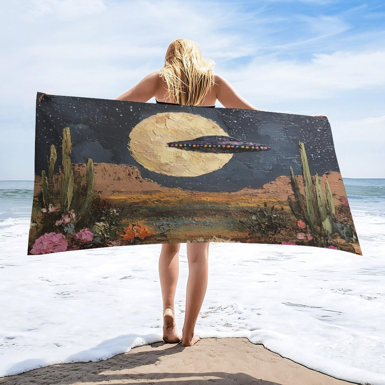 Luyysky Rustic Realistic Western Desert Quick-Drying Beach Towel, Classic Natural Full Moon Landscape Plant Cactus Flowers Ufo Travel Vacation Single Sided Pile Bathroom Towels-80 W Cm X 160" L Cm