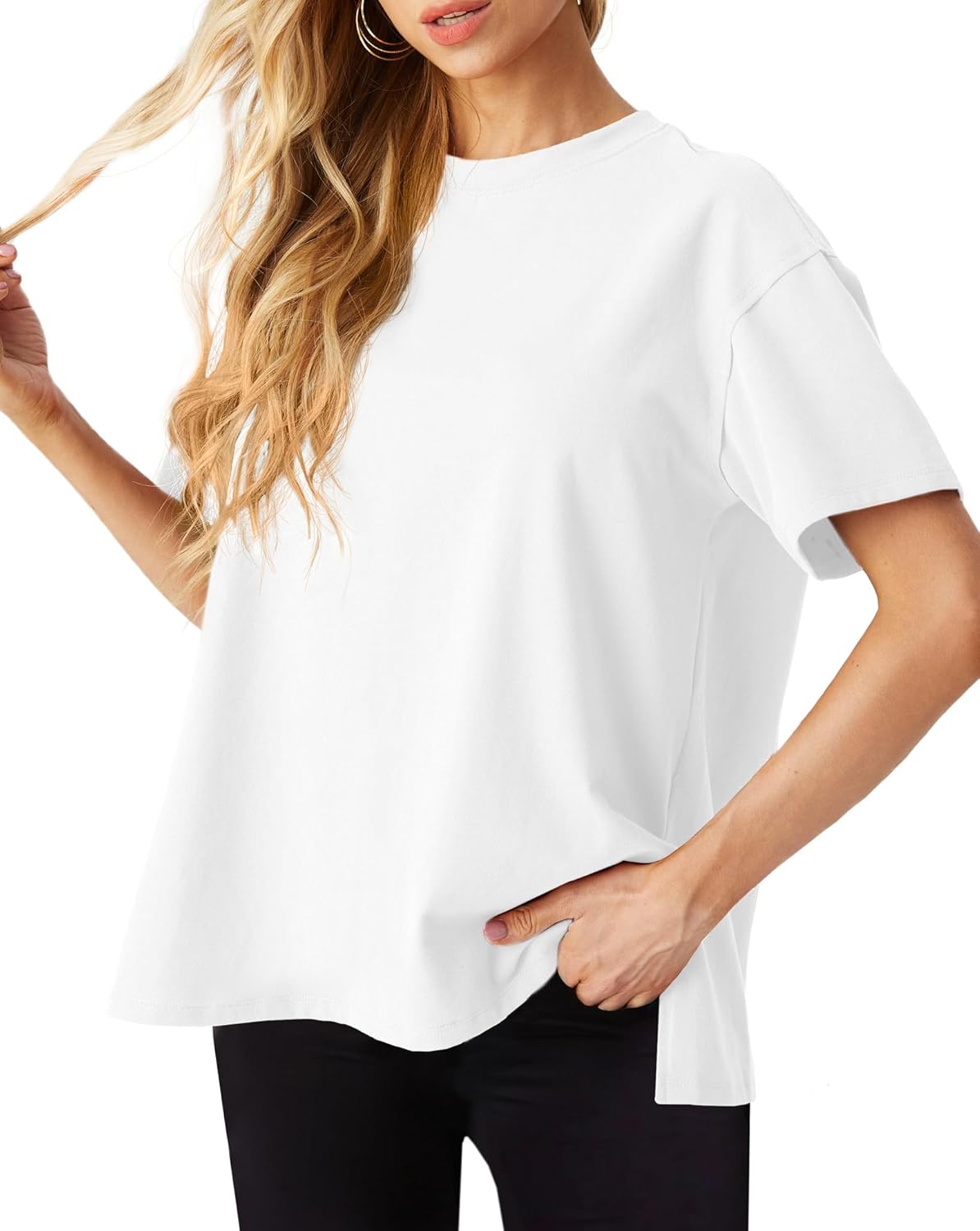 GRECERELLE Womens Summer T Shirts Cotton Oversized Drop Shoulder Half Sleeve Casual Crew Neck Ladies Tops with Slit Hem for Baggy Fashion