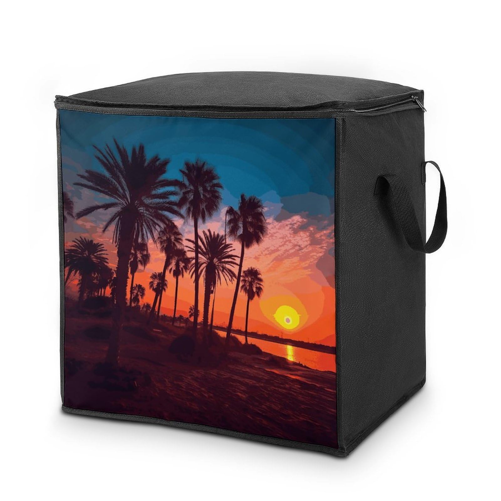 Palm Tree Sunset Storage Bag with Zippers And Handle Extra Large Bedding Comforter Storage Bag Foldable Blanket Storage Bags Fabric Moving Bags for Closet Organizer (70L)