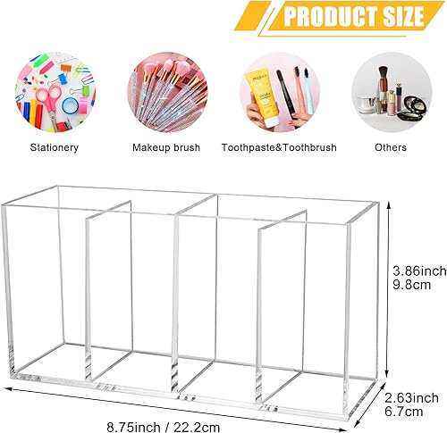 Miniatura 5 de Organizador de brochas de maquillaje transparente, soporte de almacenamiento de brochas cosméticas de acrílico con 4 ranuras, soporte para lápices y