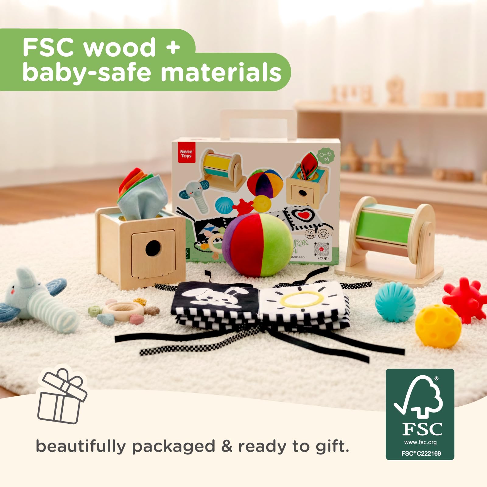 Nene Toys Montessori 0–6 Mies. – 7-w-1 Sensoryczny Zestaw dla Niemowląt z Książeczką Kontrastową, Bębenkiem, Chusteczkami, Piłkami, Gryzakiem i Grzechotką – Prezent dla Noworodka