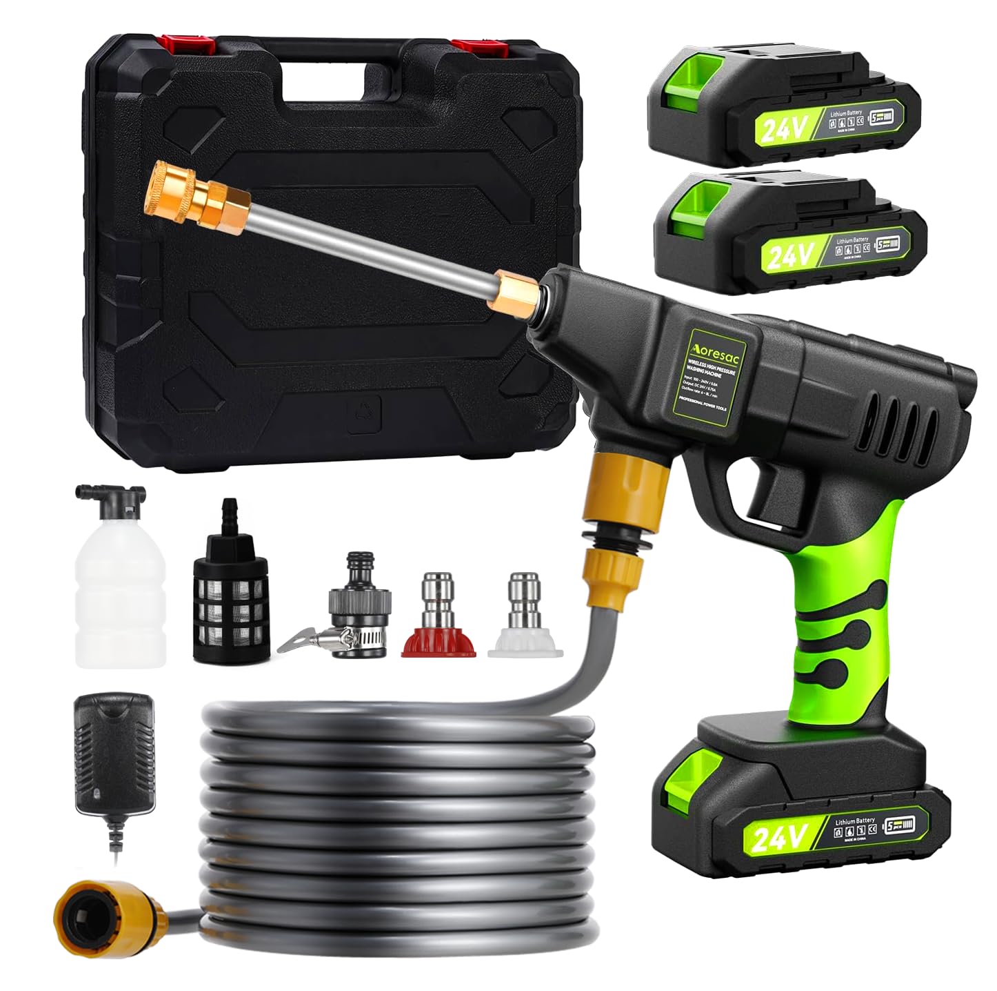Aoresac Akumulatorowa myjka wysokociśnieniowa, pistolet wodny elektryczny MAKS 800 PSI, 1,56 GPM myjka wysokociśnieniowa, z 2 x bateriami 24V, adapter do kranu wodnego do samochodu, tarasu, ogrodu