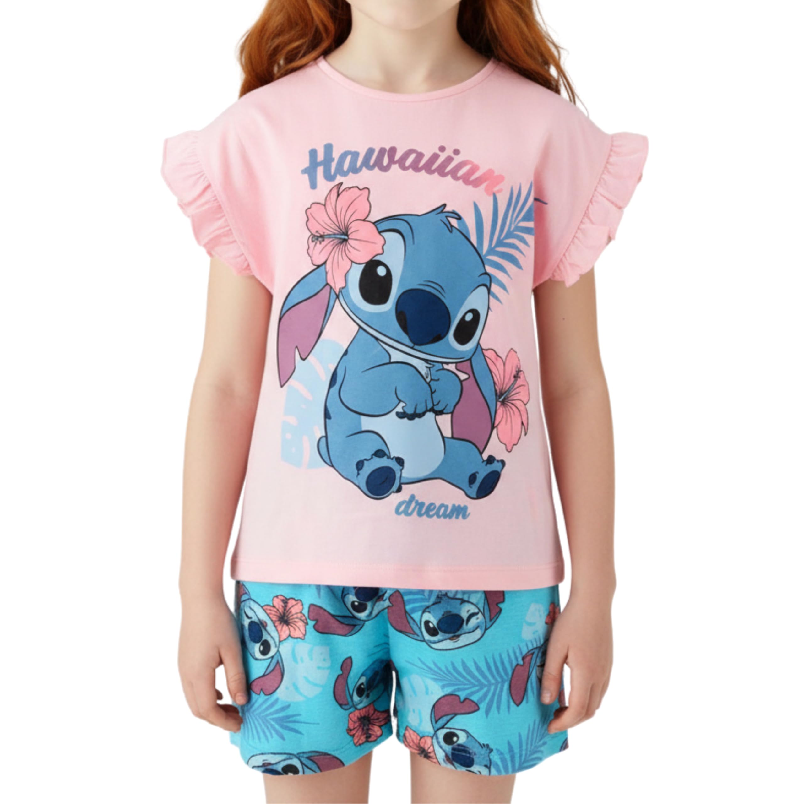Disney Stitch Pyjama pour Fille, 'Hawaiian Dream' T-Shirt à Manches Courtes et Short en Coton, Tailles 3 à 8 Ans