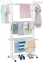 H Houseware Heavy Duty Stainless Steel 3 Tier Cloth Drying Stand with Wheels | Large Clothes Dryer & Laundry Rack | 43.2D x 78.7W x 165H cm | 5kg | Rustproof & Portable(White Stand)