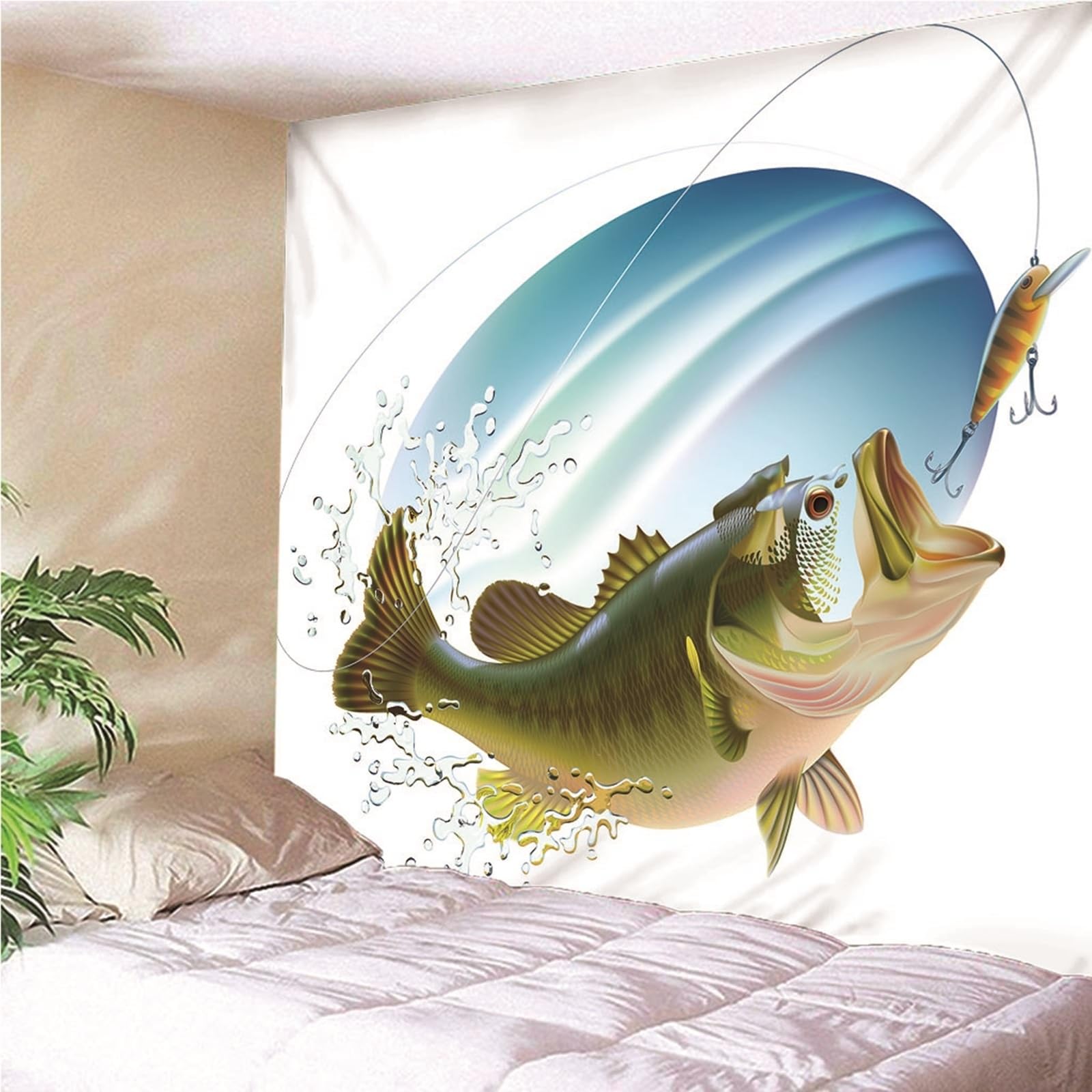 Lieson Arazzo Decorativo, Arazzi da Parete Indiano 260x240CM Pesca Tappeto Muro Camera da Appendere Alla Parete Per Decorazione Della Casa, Bianco Verde