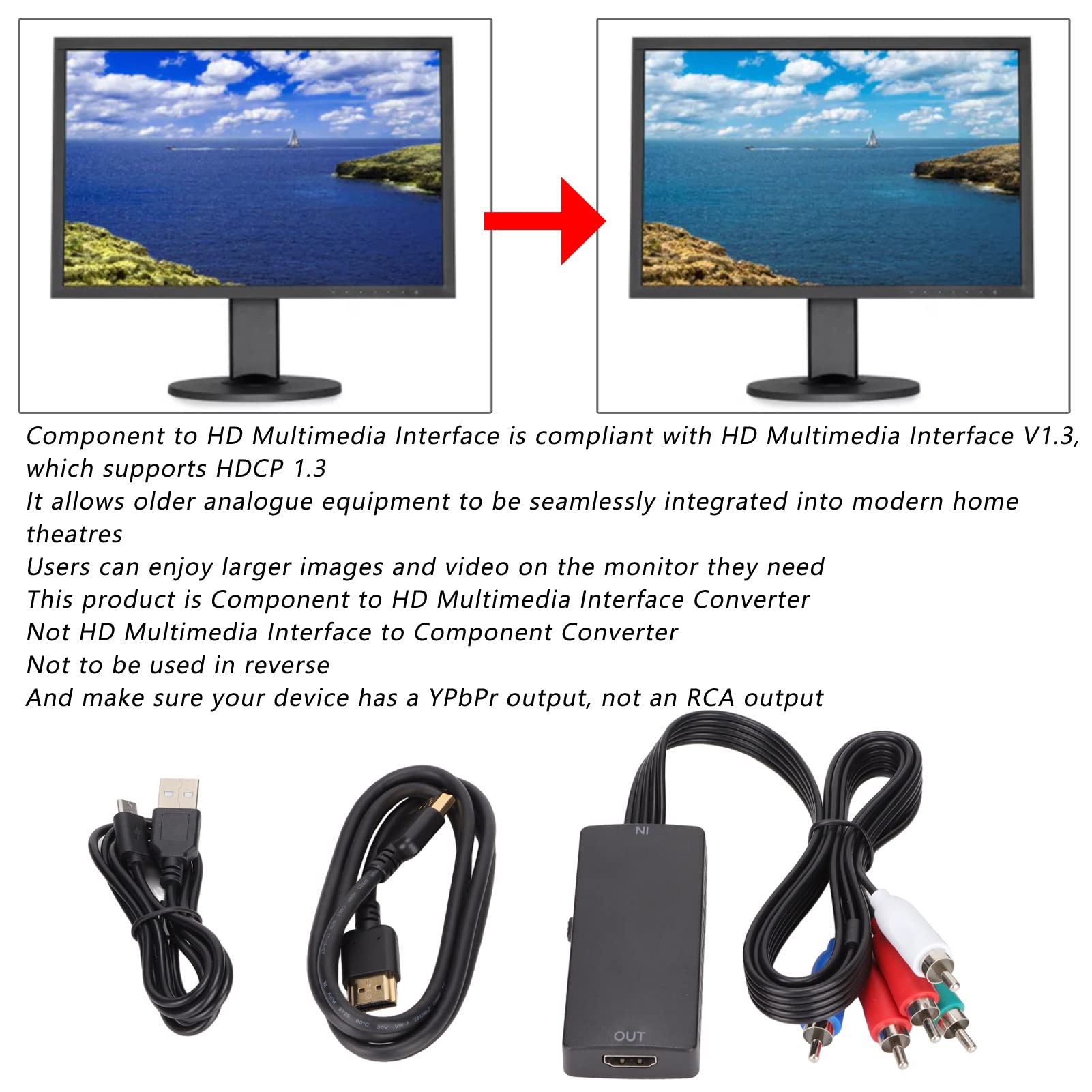 Convertidor de Componente a HDMI, Adaptador de Interfaz Multimedia YPbPr a HD, Convertidor AV 1080P, Compatible con Dispositivos Fuente YPbPr para HDTV, Monitor, Proyector, Etc.