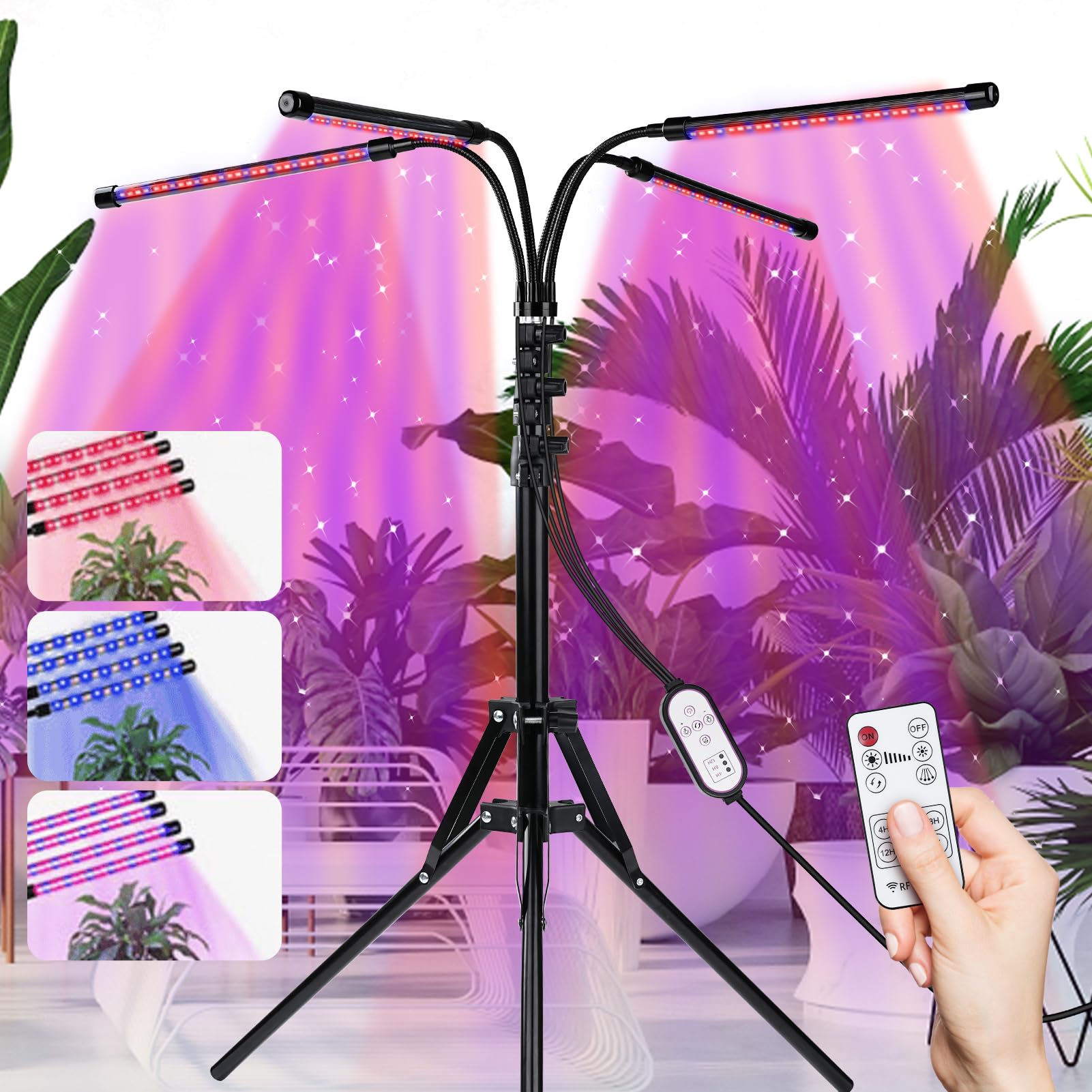Nikou Lampe de Plante, 80 LEDs Lampe de Croissance Horticole pour Plantes avec Trépied Réglable, 4 Têtes pour Plantes d'Intérieur, avec 10 Niveaux Dimmables 3 Modes de Minuterie