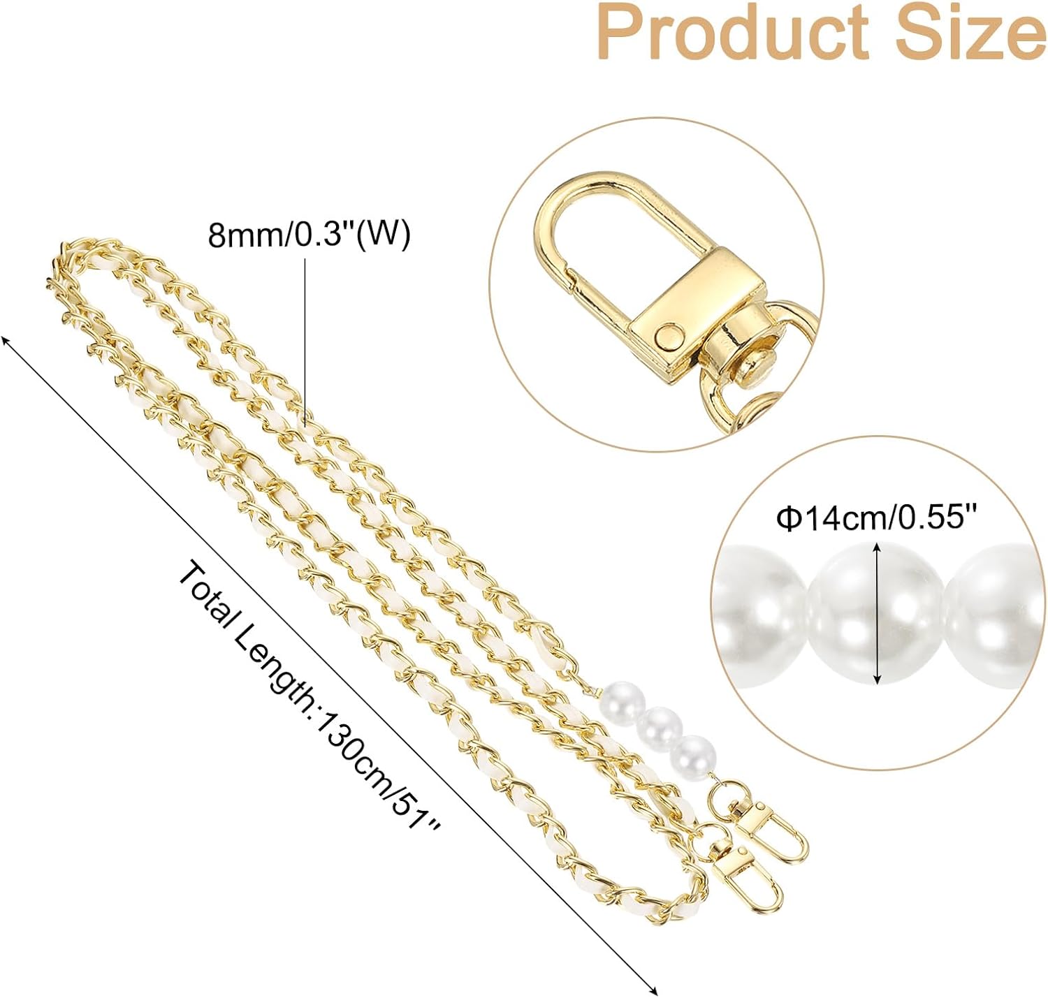 uxcell Purse Chain Strap, Iron Replacement Strap Crossbody Bag Chains Handbag Straps with Buckles for Crossbody Bag Wallet Clutch Bags, 51 Inch, White & Gold - Image 2