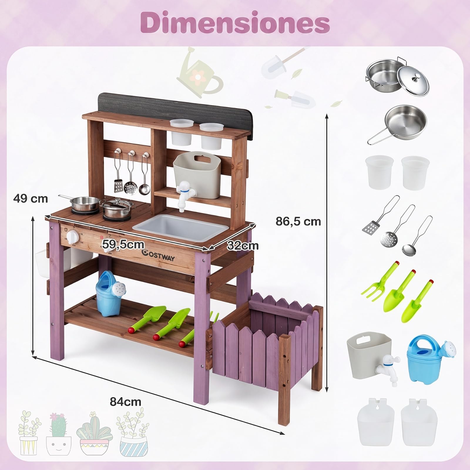 COSTWAY Cocina de Juguete para Niños, Juego de Cocina de Barro de Madera con Jardinera, Fogones, Fregadero Extraíble, Grifo, Depósito de Agua y Estantes, Cocinita Infantil de Exterior para 3+ Años